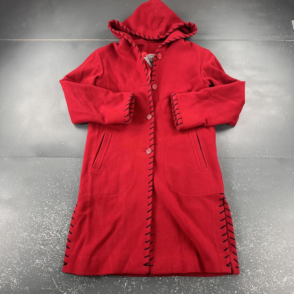 Marvin Richards Coat Womens Small Red Black Whipstitch Wool Long Pea Hooded EUC